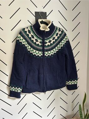 Vintage L.l. Bean wool Sherpa lined faire isle print zip up sweater jacket